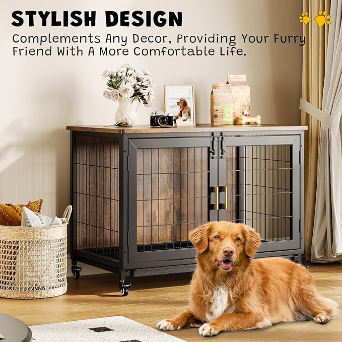 37.4 Inch Large Dog Crate Furniture, Heavy Duty Dog Kennel Furniture with Wheels, Grid Base, Removable Base, Decorative Dog Cage Crate Table, Indoor Dog House for Entryway, Living Room