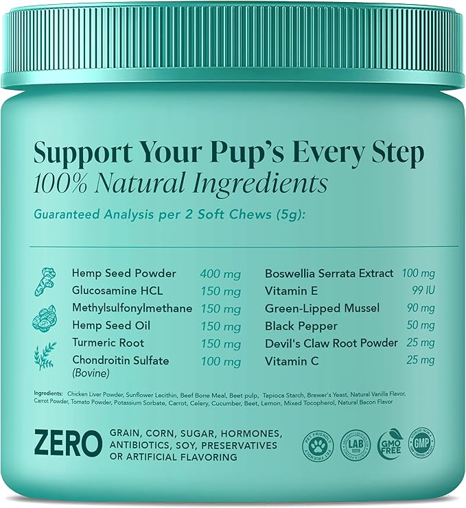 My Lil Nugget  Joint Supplement for Dogs with Glucosamine, Chondroitin, & Hemp  Natural Hip and Joint Support  Bacon Flavor Chews for Mobility, Flexibility & Dog Arthritis Pain Relief  90 Count