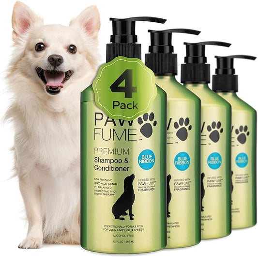 PAWFUME Dog Shampoo and Conditioner, Blue Ribbon, 4-Pack  Nourish & Detangle for a Silky Soft Coat  Probiotic, Deep-Cleaning, pH-Balanced Formula  Puppy Shampoo and Conditioner for All Breeds