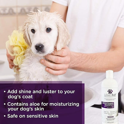 Lillian Ruff Ultra-Brightening Professional Whitening Shampoo for Dogs with Aloe & Coconut Oil for Dry Skin & Itch Relief - pH-Balanced Dog Whitening Shampoo Remove Stains Yellowing Odor (16oz/Brush)
