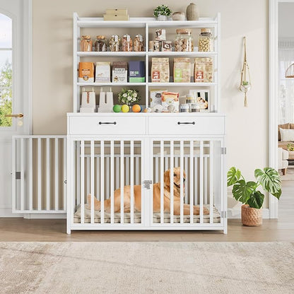 Keyluv 71''H x 47.2''W Large Dog Crate Furniture with 4-Tier Shelves and 2 Storage Drawers, Heavy Duty Dog Cage Furniture with 2 Doors, Wood & Metal Dog Kennel Indoor for Small/Medium/Large Dog, White