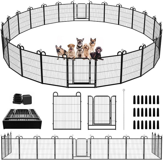 Dog Playpen Outdoor 24 Piece Panels Heavy Duty Dog Fence 32" Height Anti-Rust with Doors Portable for RV Camping Yard, Total 54FT, 227 Sq.ft, Snowy Black