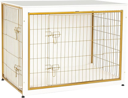 DWANTON Dog Crate Furniture with Cushion, Wooden Kennel Table with Double Doors, Indoor Dog House, Extra Large Size, 43.3" L, White+Gold