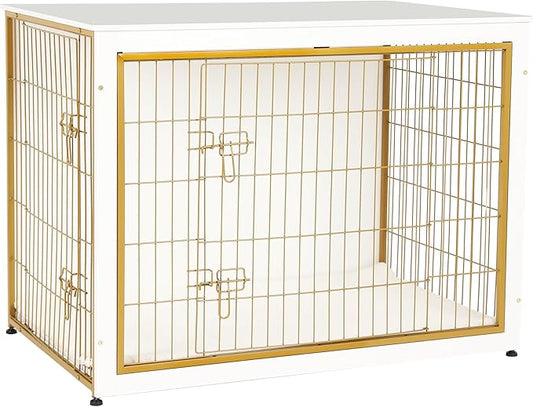 DWANTON Dog Crate Furniture with Cushion, Wooden Kennel Table with Double Doors, Indoor Dog House, Extra Large Size, 43.3" L, White+Gold