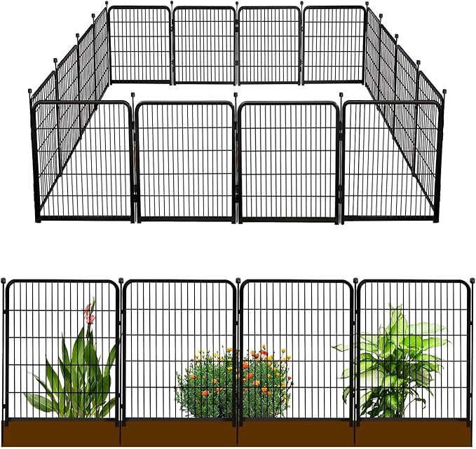 Doorless Dog Digging Fence Barrier,48in(H) 12 Panels Total 26.6 Ft(L), Black Metal Fencing for Yard 4ft Tall, Dog Fence Outdoor for Yard, Fencing for Garden Beds, Garden Fences Border