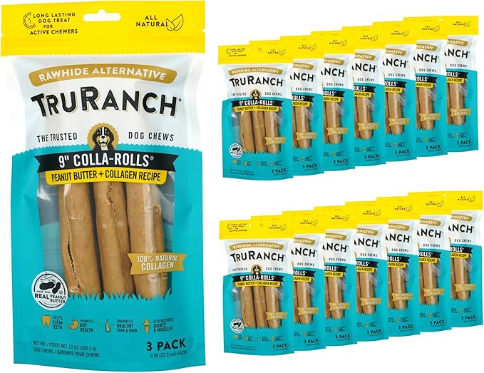 TRURANCH Collagen Rolls - 9" Collagen Rolls for Dogs - Long Lasting Healthy Joint Support - Rawhide Alternative - Skin & Coat Health - Made with Real Peanut Butter, Value Pack, 15 Bags, 45 Count