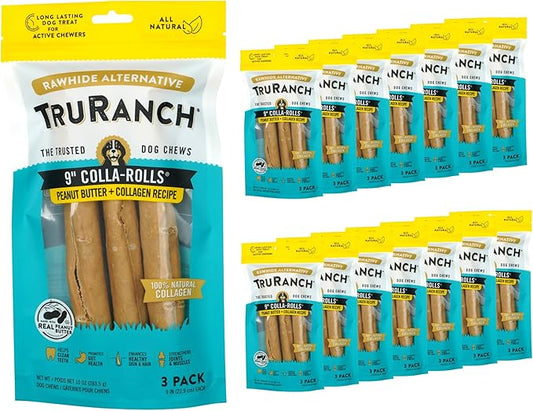 TRURANCH Collagen Rolls - 9" Collagen Rolls for Dogs - Long Lasting Healthy Joint Support - Rawhide Alternative - Skin & Coat Health - Made with Real Peanut Butter, Value Pack, 15 Bags, 45 Count