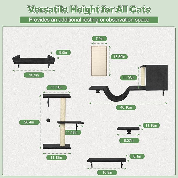 Cat Wall Shelves, Stable Safe 6 in 1 Cat Furniture Set Black, Wooden Climbing Wall with Scratching Post, Wall-Mounted Shelves & Play System