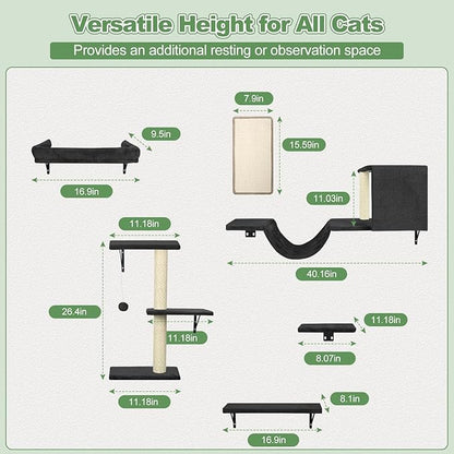 Cat Wall Shelves, Stable Safe 6 in 1 Cat Furniture Set Black, Wooden Climbing Wall with Scratching Post, Wall-Mounted Shelves & Play System