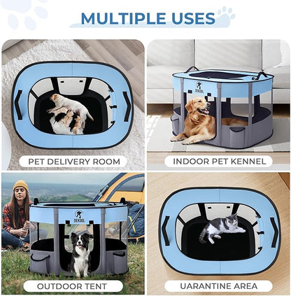 Foldable Pet Dog Playpen, Portable Dog Crate for Puppies, Cat, Rabbit, Chicks, Puppy Play Pen for Indoors, Kennel Tent Crate for Indoor Outdoor Travel Camping Use with Carrying Case (Blue, L)