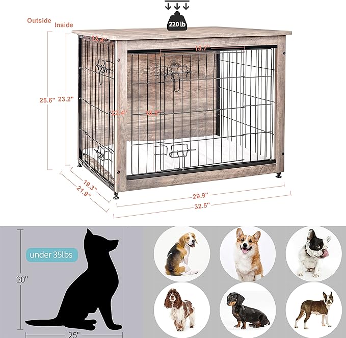 DWANTON Dog Crate Furniture with Cushion, Wooden Dog Crate with Double Doors, Dog Furniture, Indoor Dog Kennelï¼_nd Table, Medium, 32.5" L, Greige