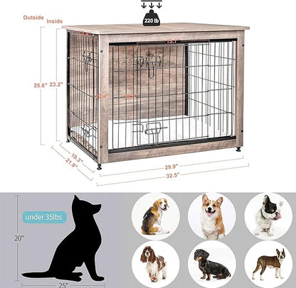 DWANTON Dog Crate Furniture with Cushion, Wooden Dog Crate with Double Doors, Dog Furniture, Indoor Dog Kennelï¼_nd Table, Medium, 32.5" L, Greige
