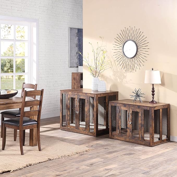 unipaws Large Dog Crate Furniture with Tray 38 inch, Wooden Kennel Pet House Dog Cage with Door, Modern Decorative Dog Crate End Side Table Nightstand, Rustic