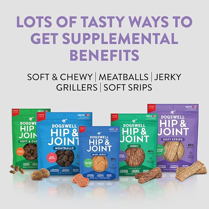 DOGSWELL Hip & Joint Dog Treats 100% Meaty, Grain Free, Glucosamine Chondroitin & Omega 3, Chicken Soft Strips 20 oz