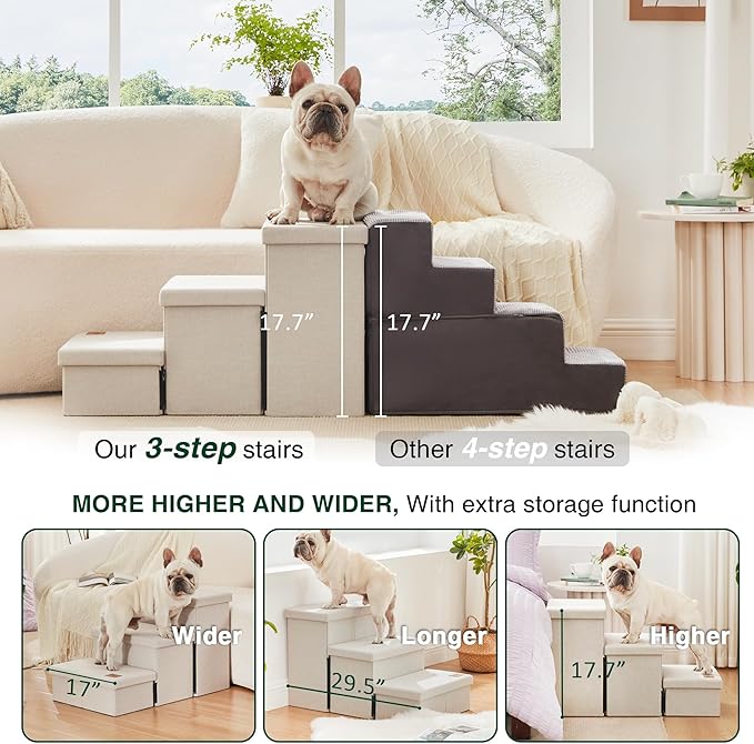 Love's cabin Dog Stairs for High Bed 18" H,Foldable Pet Stairs for Small Medium or Large Dogs Puppy with Storage for Bed or Couch, Cat Dog Steps Ramp with Zip up to 210 lbs(Beige,3 Steps no Condo)