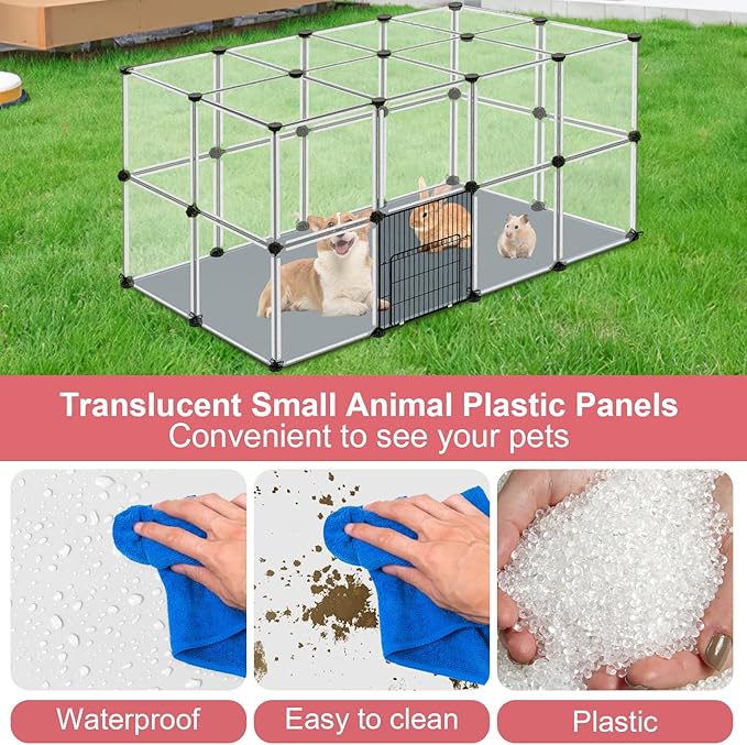 32 Panels Small Animals Playpen,Transparent Playpen with Waterproof Mat, Plastic Enclosure,Puppy Play Pen for Chicken,Pet Fence for Guinea Pigs,Bunny,Ferrets,Hamsters,Hedgehogs for Indoors Outdoor
