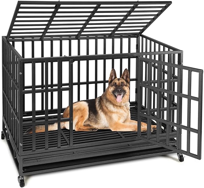 48 Inch Heavy Duty Dog Crate Kennel with Wheels, High Anxiety Indestructible Dog Crates for Large Dogs, XL XXL Extra Large Dog Crate with Removable Dog Cage Tray, Two Locks (Black, Square)