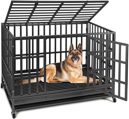 48 Inch Heavy Duty Dog Crate Kennel with Wheels, High Anxiety Indestructible Dog Crates for Large Dogs, XL XXL Extra Large Dog Crate with Removable Dog Cage Tray, Two Locks (Black, Square)
