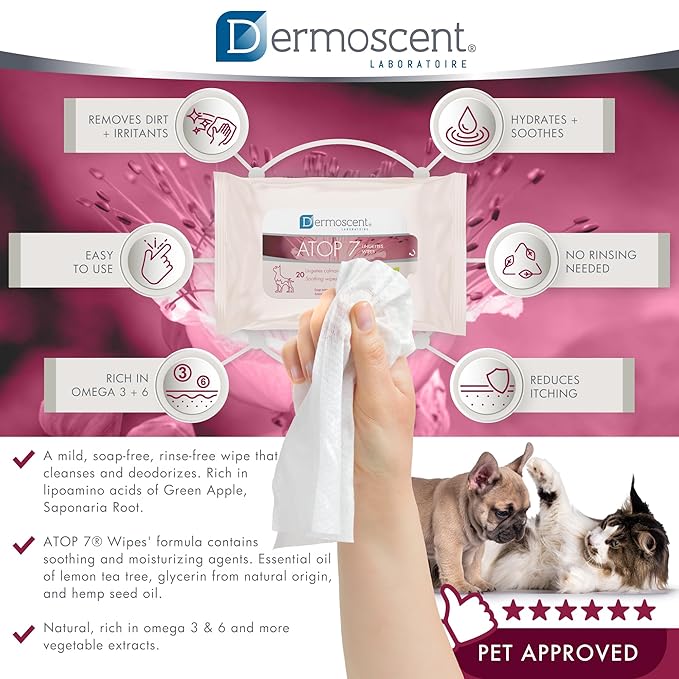 Dermoscent ATOP 7 Wipes for Dogs and Cats | Soothing Cleansing Care for Sensitive Skin | Travel-Friendly