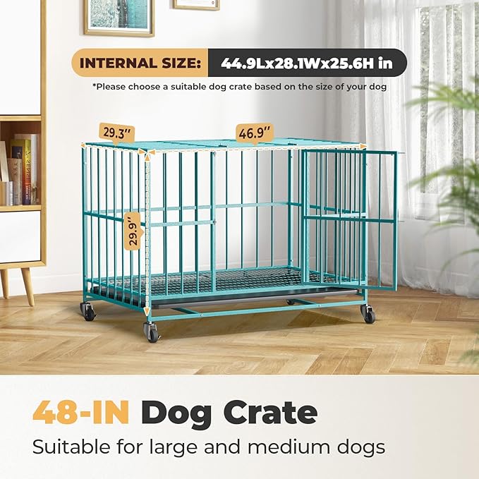Blue 48 in Heavy Duty Dog Crate Steel Escape Proof, Indoor Double Door High Anxiety Cage, Removable Tray, Kennel with Wheels,XL XXL