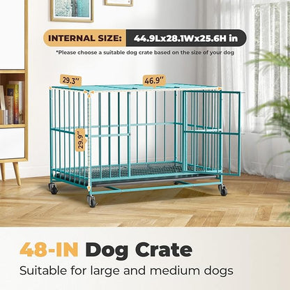 Blue 48 in Heavy Duty Dog Crate Steel Escape Proof, Indoor Double Door High Anxiety Cage, Removable Tray, Kennel with Wheels,XL XXL