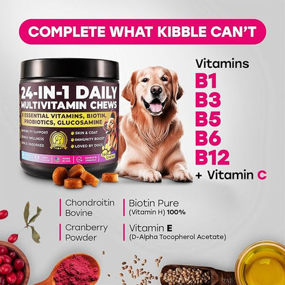 24-in-1 Complete Daily Dog Multivitamin Chews  Beef Flavor  All-in-One Support for Joints, Skin, Coat, Digestion & Immunity with Glucosamine & Omega-3 (140 Chews)