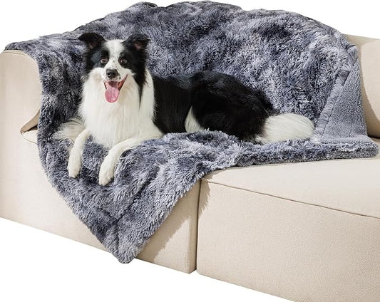 Luciphia Large Waterproof Dog Blanket Pet Washable Liquid Proof Furniture Protector Shaggy Plush Calming Long Faux Fur Bed Cover for Couch Cat Blankets Reversible Protection, Tie-dye Grey, 50" x 60"
