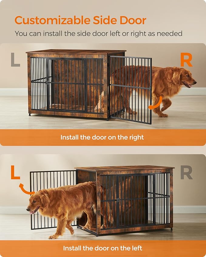Feandrea Dog Crate Furniture, 43.3" Side End Table, Modern Kennel for Dogs Indoor up to 80 lb, Heavy-Duty Dog Cage with Enclosed Base, Double-Door Dog House, Rustic Brown UPFC024X01
