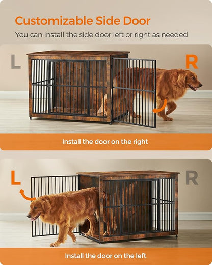 Feandrea Dog Crate Furniture, 43.3" Side End Table, Modern Kennel for Dogs Indoor up to 80 lb, Heavy-Duty Dog Cage with Enclosed Base, Double-Door Dog House, Rustic Brown UPFC024X01