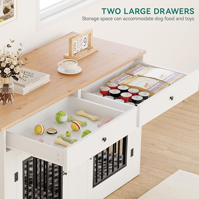 YITAHOME 60" Wooden Dog Crate Furniture with Removable Divider & Storage Drawers, Double Door Kennel with Locks for Medium and Large Dogs, Multi-Functional Dog Crate End Table for Indoor use, White