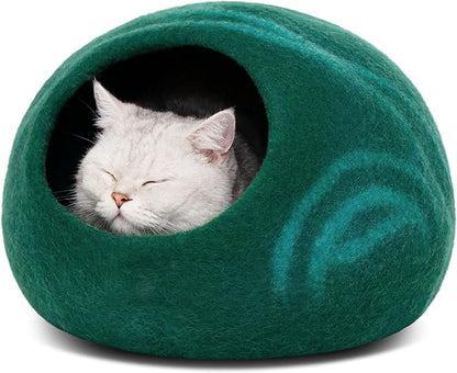 MEOWFIA Cat Cave  Premium Felt Cat Bed for Indoor Cats, Handmade 100% Merino Wool (Large, Emerald)