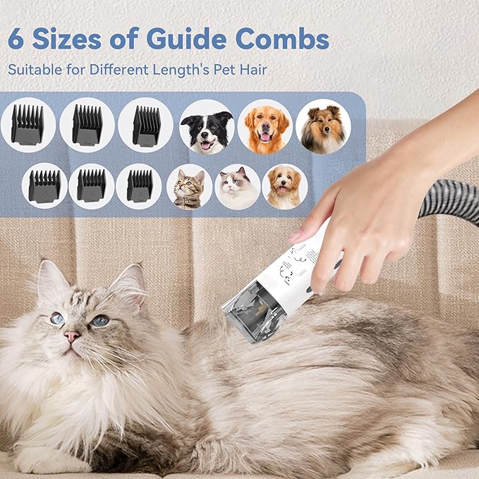 6-in-1 Pet Grooming Kit with Vacuum Brush | Low Noise Deshedding Tool, Dog Hair Clippers & Scissors | Shedding Control for Dogs Cats Clean up