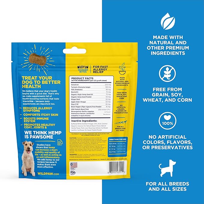 WILDPAW WonderBites for Fast Allergy Relief - Pet Supplement to Support Itchy Skin & Allergy Relief - Dog Skin & Coat Health Supplement - 90 Soft Chews