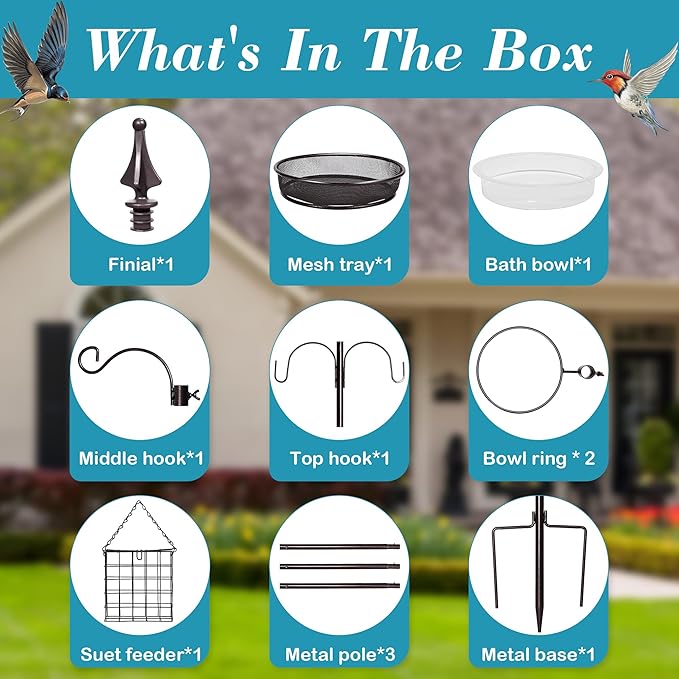 Bird Feeder Stand Pole,77 Inch Feeding Station Kit for Outside, Wild Bird Feeder Hanging Kit with Metal Suet, Bird Bath and Mesh Tray, 3-Prong Base