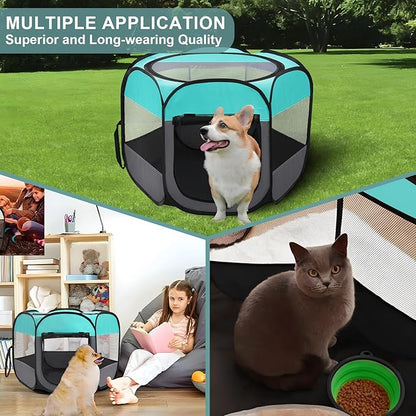 Pet Puppy Playpen for Cat Dog Indoor Outdoor, Foldable Portable Tent, Pop Up Dog Kitten Kennel Playpen with Carrying Case and Bowl,Green,Small