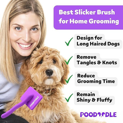Dog Slicker Brush, Grooming Brush for Poodle, Doodle, Goldendoodle & All Long Haired Dogs, Long Pin Wood Brush Pefect for Dematting & Detangling, Effortless Grooming Pet Hair At Home - Large