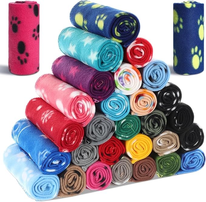 Chumia 28 Pieces Puppy Blanket Bulk Small Fleece Pet Blanket for Puppy Dogs Kitten Cats Pets Soft Warm Paw Print Sleep Mat Bed Covers, 28 Styles(15.75 x 23.63 Inch)
