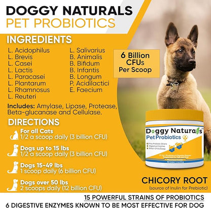 Probiotics for Dogs and Cats - Max-Strength with15 Strains Pre &Probiotics Digestive Health, Increase & Maintain Proper Gut Flora(Made in USA) 7.4 Oz (6 Billion CFU Per Scoop)