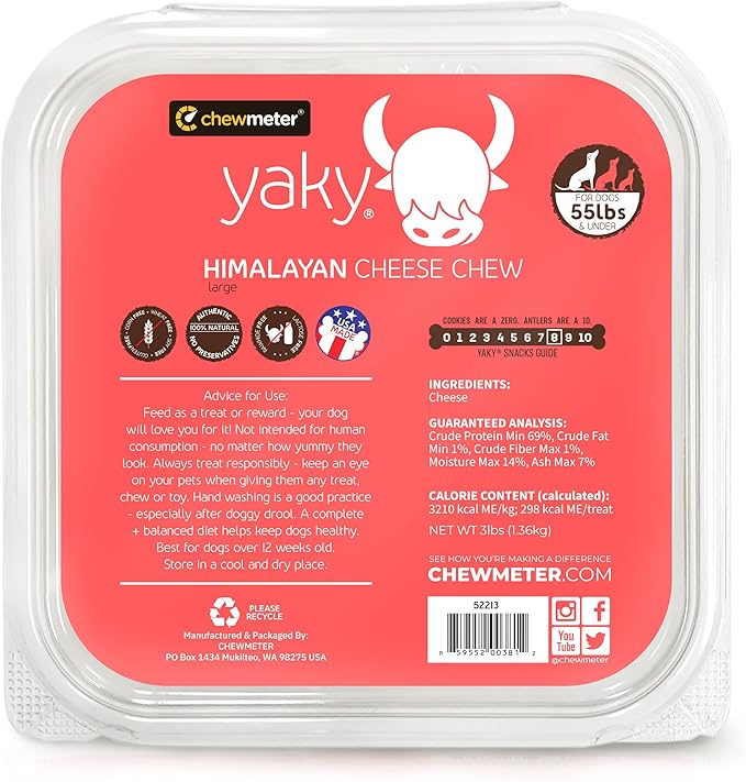 Chewmeter Himalayan Yaky Cheese Chew, 100% Natural, Long Lasting, Gluten Free, Healthy & Safe Dog Treats, Lactose & Grain Free, Protein Rich, Stain Free, Large, For Dogs 55 Lbs & Under, 3 lb Bulk Tub