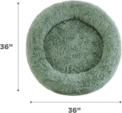 Best Friends by Sheri Original Calming Donut Dog and Cat Bed, Shag Faux Fur, Sage Green, (36in x 36in) - Anxiety Relief for Pets Up to 100 lbs