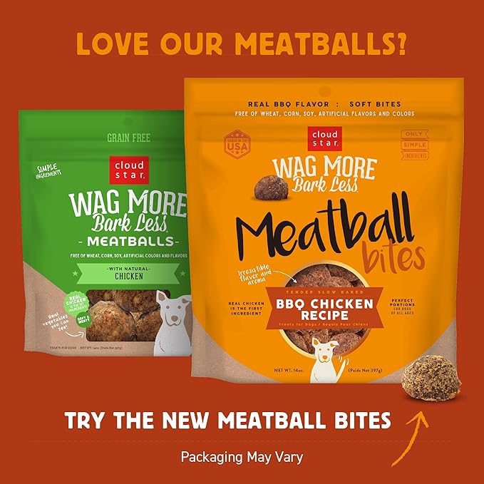 Cloud Star Wag More Bark Less Grain Free Meatball Bites, BBQ Chicken Recipe, 14 oz.