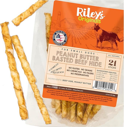 Riley's Peanut Butter Beef Hide Dog Treats, USA Sourced & Made Small Dog Treats, Chew Sticks, Raw Hides for Small Dogs, Rawhide Sticks for Dogs, 21 ct