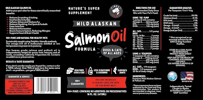 Finest For Pets Wild Alaskan Salmon Oil for Dogs & Cats - Omega 3 Fish Oil with Pollock & Salmon for Sensitive Skin & Coat Health. EPA & DHA Ease Itching, Supports Joint, Immune & Heart Health (16oz)