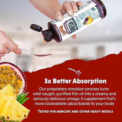 Barlean's Passion Pineapple High Potency Omega 3 Fish Oil Liquid Supplement, 1500mg EPA & DHA Fatty Acid, Smoothie Flavored & Burpless for Brain, Joint, & Heart Health, 16 oz