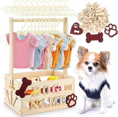20" x 13" x 9" Wooden Pet Wardrobe Closet Crate Box with Hanging Rods and Personalized Pet Alphabet Letters Easy Assembly Baskets for Dog Cat Toys Clothes Accessories(Wood)