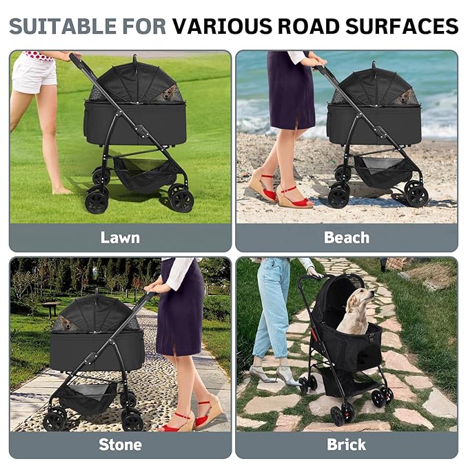 Dog Stroller, 3 in 1 Folding Cat Stroller, 4 Wheels Pet Stroller for Medium/Small Dogs, Puppy Stroller with Detachable Carrier&Storage Basket, Dog Strollers with Sun Shade&Breathable Visible Mesh