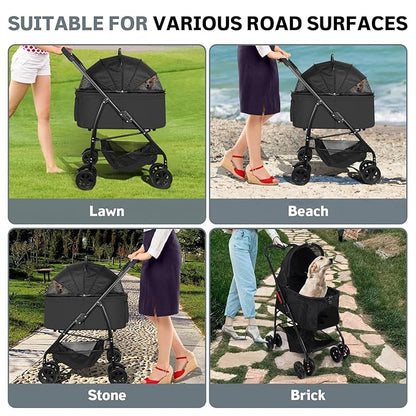 Dog Stroller, 3 in 1 Folding Cat Stroller, 4 Wheels Pet Stroller for Medium/Small Dogs, Puppy Stroller with Detachable Carrier&Storage Basket, Dog Strollers with Sun Shade&Breathable Visible Mesh