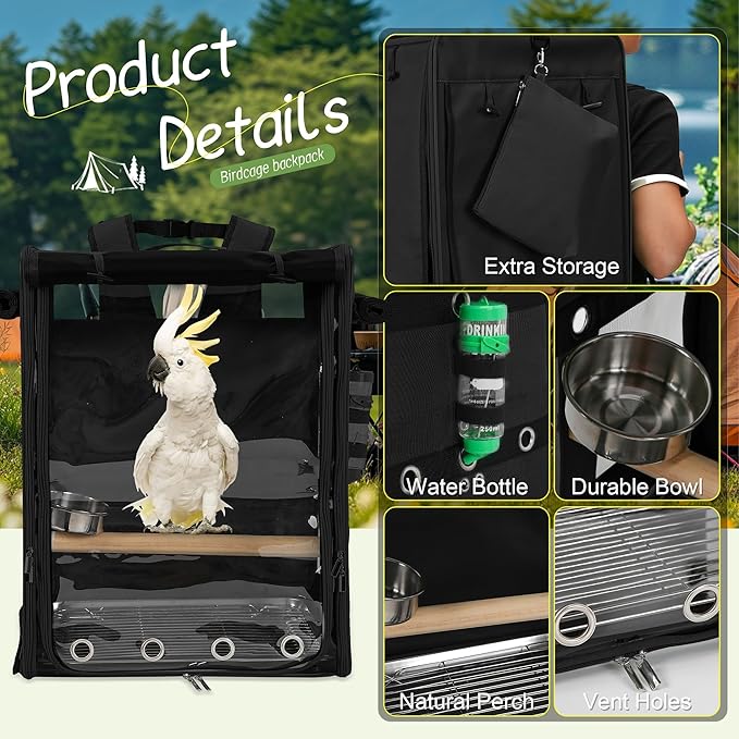 Suertree Bird Carrier Travel Cage, Cockatoo Carrier, Parrot Travel Backpack with Unbreakable Stainless Steel Mesh, Perch, Water Bottle and Food Bowl, X-Large Black