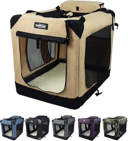 EliteField 3-Door Folding Soft Dog Crate with Carrying Bag and Fleece Bed (2 Year Warranty), Indoor & Outdoor Pet Home (30" L x 21" W x 24" H, Beige)