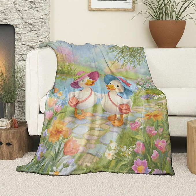 Duck Friends Blanket, Soft Cozy Lightweight Cute Ducks in Hats with Colorful Flowers Throw Blanket for Women Girls Kids, Sofa Couch Bed 40x50 Inch Flannel Blankets for Travel Decor Gifts